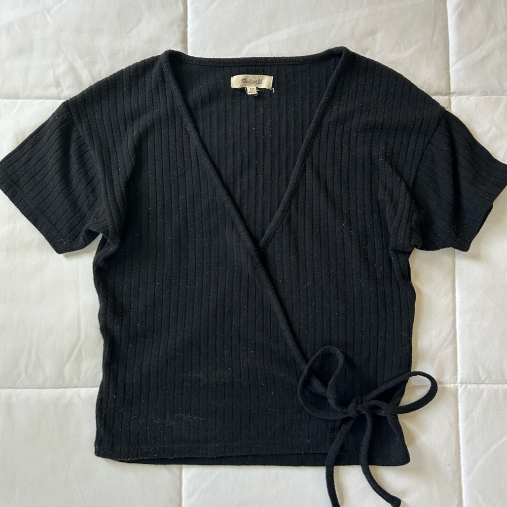Madewell Black Ribbed Knit Short Sleeve Wrap Top